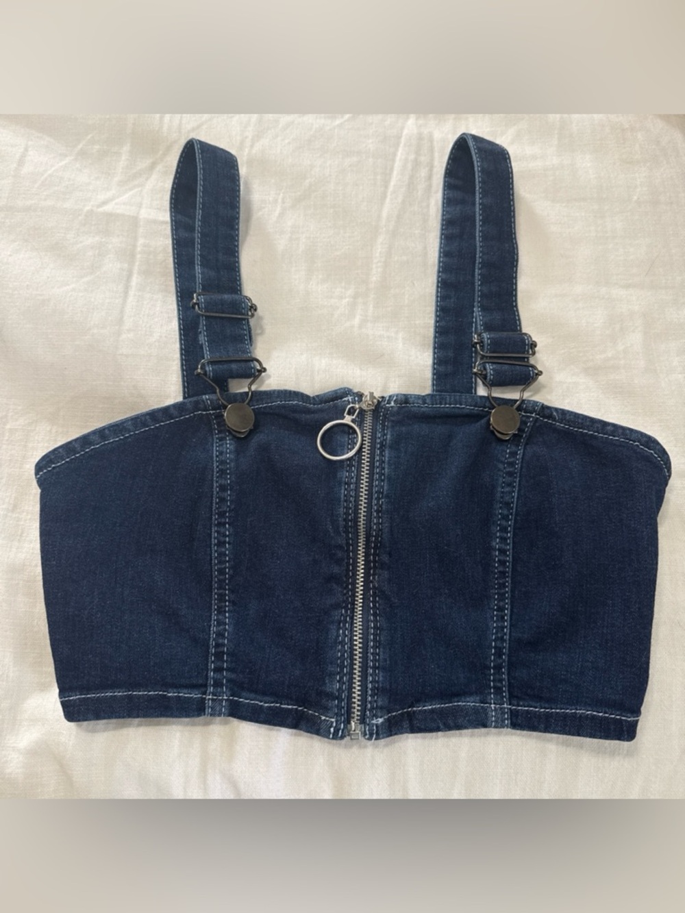 Urban Outfitters Light Blue Denim Crop Top with Contrast Stitching